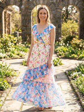 Sweet Love Floral Ruffle Wrap Maxi Dress Blue Pink NWT